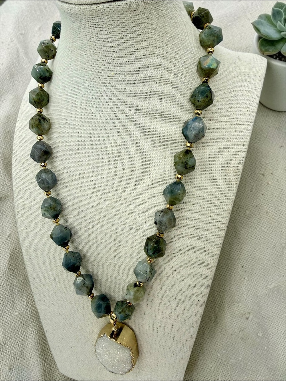 Lucas Lameth 925 Labradorite Druzy Statement Necklace Gold Vermeil 18”-20” 99gr